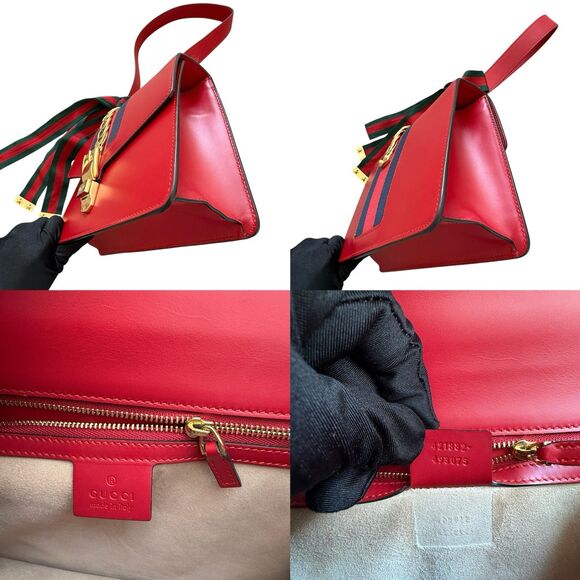 AUTHENTIC Gucci Red Leather Sylvie Sholuder Bag with gold Tone chain And Web - Picture 6 of 7